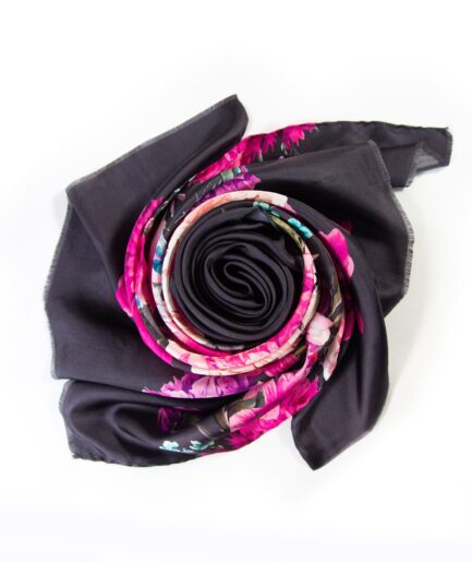 Side Flower Twill Silk Scarf - Black